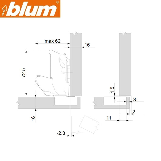 BLUM 155 DEGREE OVERLAY SOFTCLOSE (45x9.5mm)