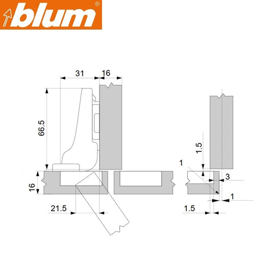 BLUM 110 DEGREE HALF OVERLAY SOFTCLOSE (45x9.5mm)