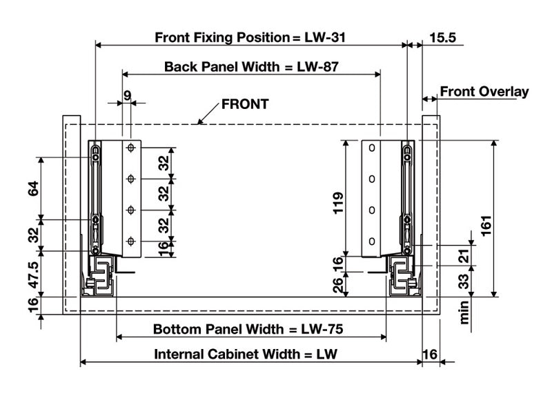 Alto Slim Wall Drawer Set 135mm High (MATT WHITE) NL 270-550mm