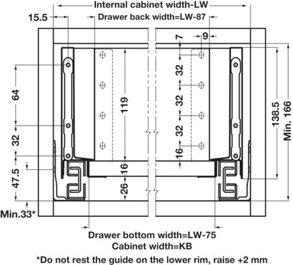 SOFT CLOSING Alto slim, drawer side height 135mm (MATT WHITE) NL 270-550mm