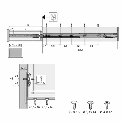 HETTICH BALL BEARING SOFT CLOSE SLIDES 45KG LOAD (SIDE MOUNTED)